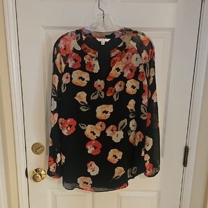 CAbi Black and Pink Floral Blouse with Mandarin Collar